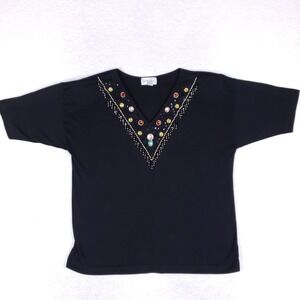 Vintage Marni Bee L Black Embellished V-Neck Top Beaded Gem 80s Retro Glam